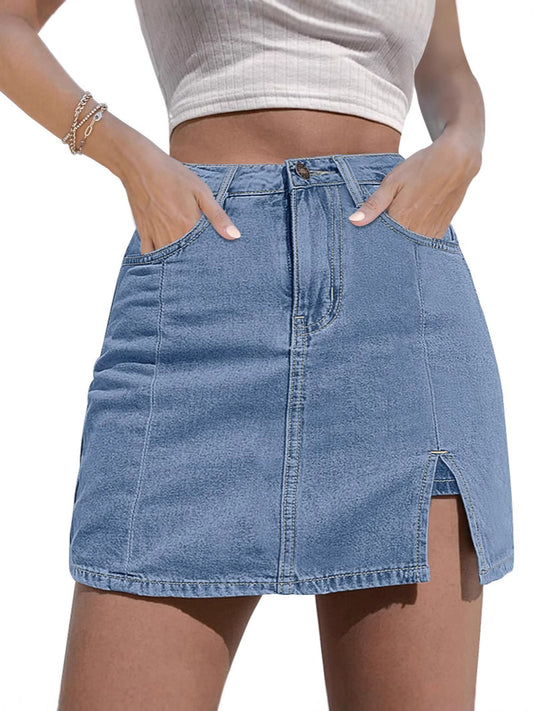 luvamia Skorts Skirts for Women Denim Mini Skirt Side Slit with High Waisted Jean Shorts Stretchy - Seldom Seen Styles