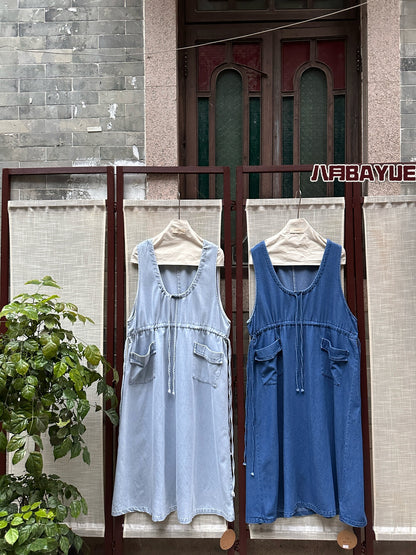 Women's Denim Sleeveless Drawstring Waist Midi Dress with Pockets Light Blue Dark Blue Casual Jean Dress