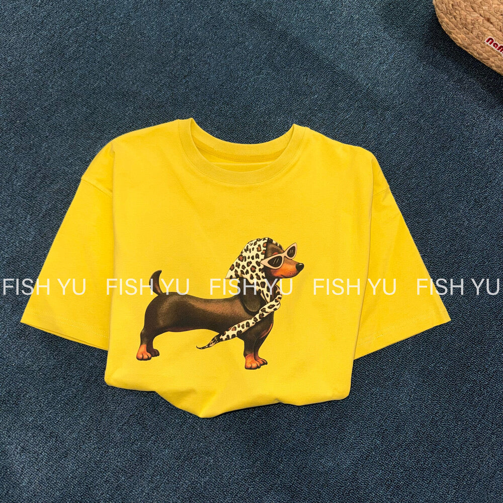 Vintage Dachshund Graphic T-Shirt – Leopard Scarf Dog Print Loose Fit Casual Tee - Seldom Seen Styles