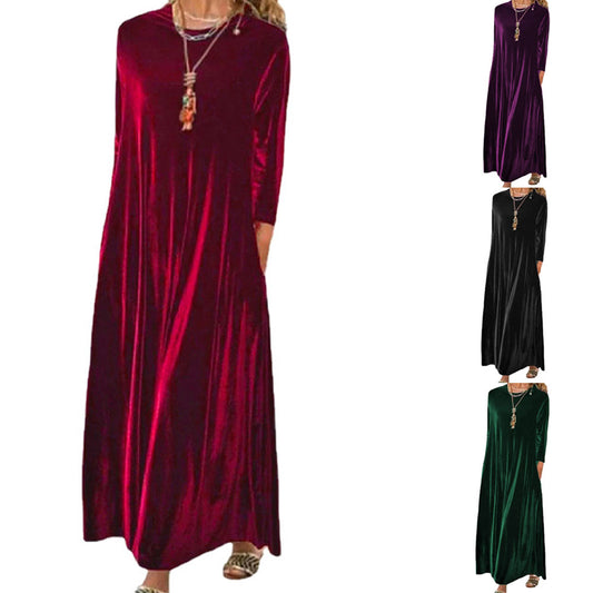 Cross-Border2024Amazon Spring New Gold Velvet European and American Slimming Temperament Crew Neck Long Dress