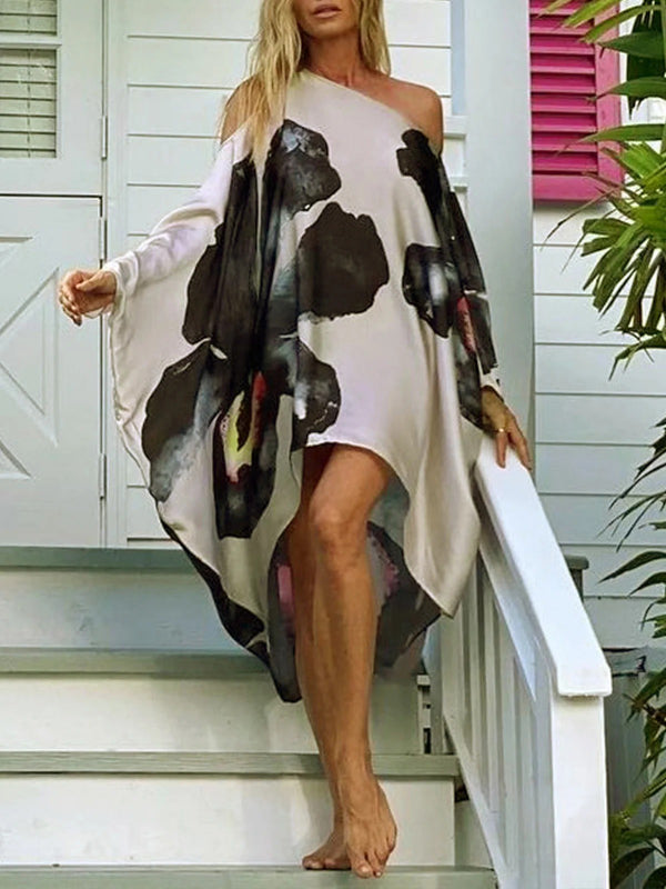 Loose Flower Print Cold Shoulder High-Low Long Dress - Seldom Seen Styles