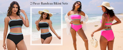 Tube Top Bikini Sets for Women Removable Strap Pad Color Block Two Piece Swimming Suit Swimwear - Seldom Seen Styles