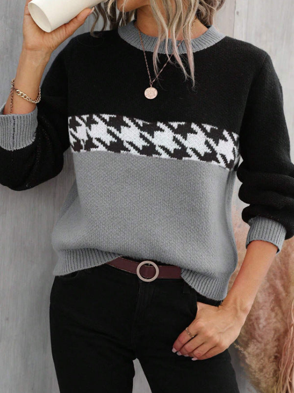 Spring Autumn Contrast Color Pullover round Neck Knitted Sweater Fashion Geometry Pattern Pattern Jacquard TopWomen's Clothing