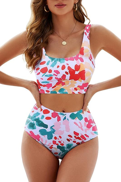 Womens High Waisted Bikini Color Block Swimwear Bandeau Top Sports Style Scoop Crop Swimsuit 2 Piece Bathing Suits - Seldom Seen Styles