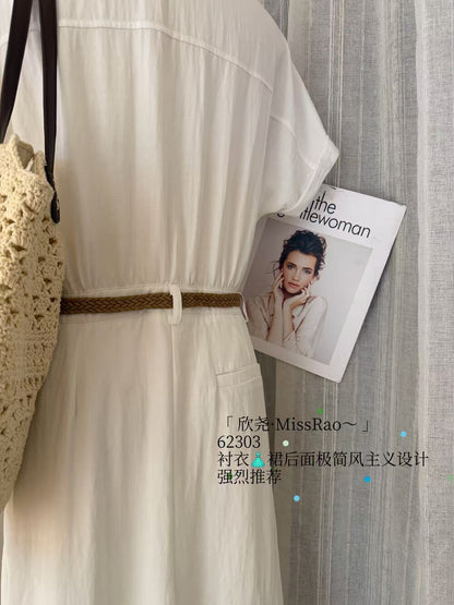 French Style Collared Short Sleeve Shirt Dress A-Line Midi Dress with Woven Belt Included White Black Khaki