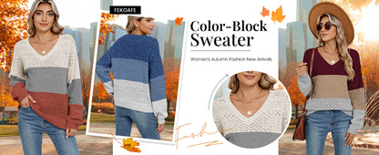 Womens Sweaters 2025 Fall V Neck Long Sleeve Hollow Knit Pullover Sweaters for Women