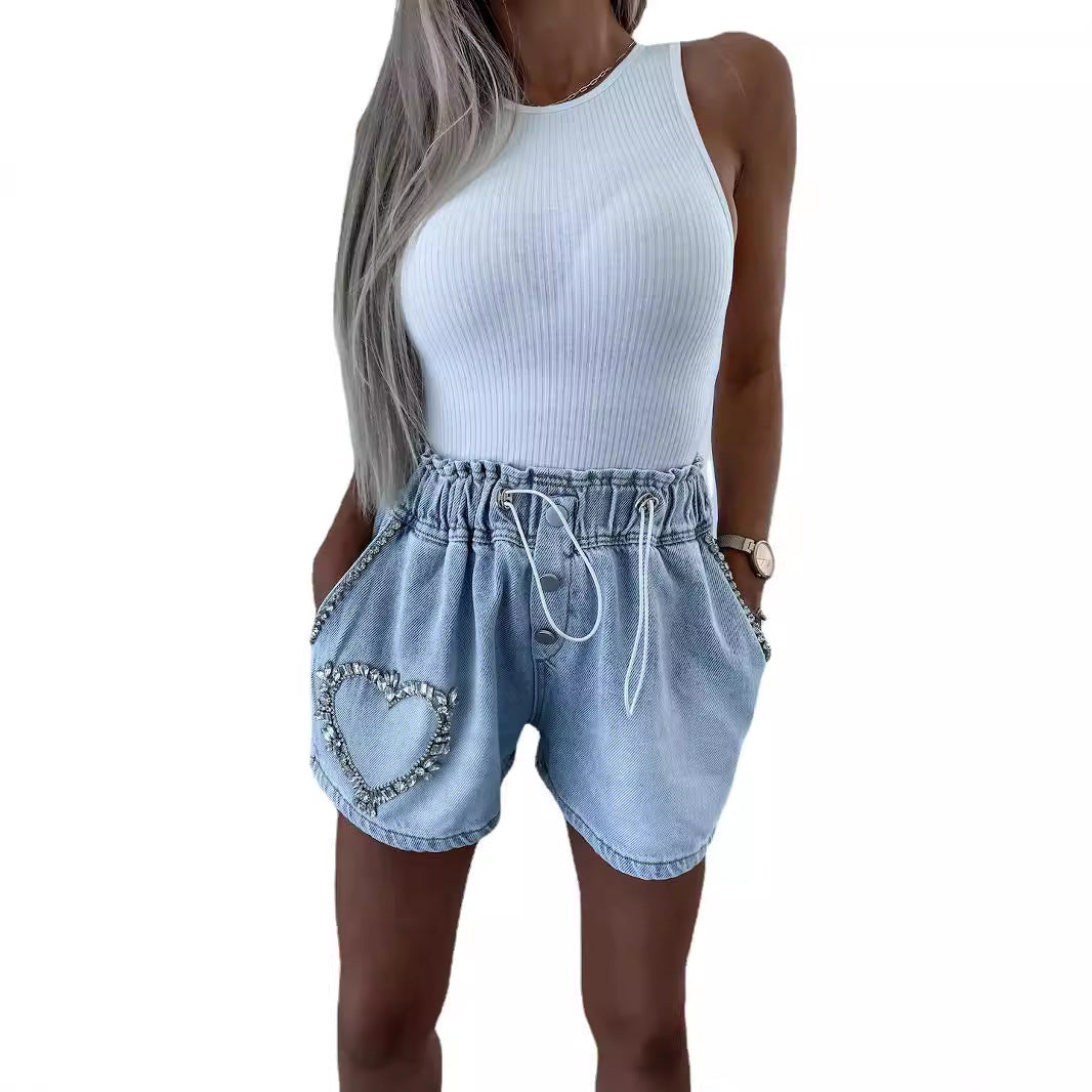 23New Summer Europe and America Cross Border Fashion Casual Heavy Industry Rhinestone All-Matching Denim Shorts Women3268