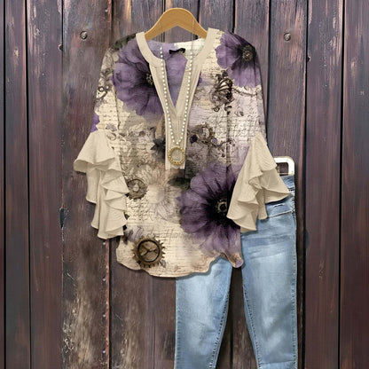 Haut à manches volantées et imprimé floral rétro pour femme, tenue vintage des années 90, chemises amusantes, élégantes et classe, jolie tenue d'été