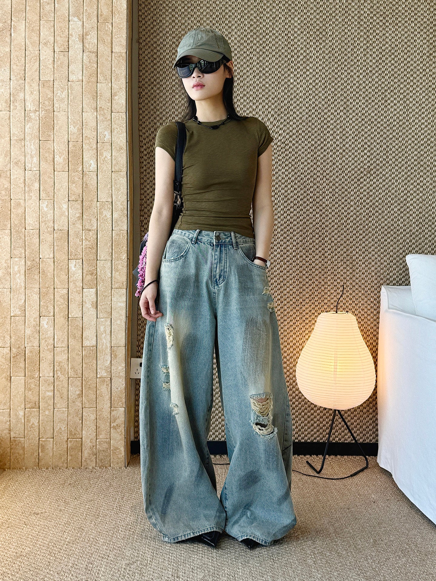 Women's Ripped Wide Leg Baggy Jeans High Waist Distressed Denim Pants Street Style Y2K Casual