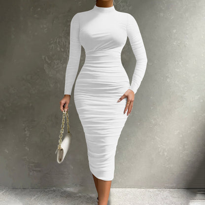 Women's Cocktail Bodycon Long Sleeve Mock Neck Mesh Ruched Midi Party Dress Formal Womenswear - Seldom Seen Styles