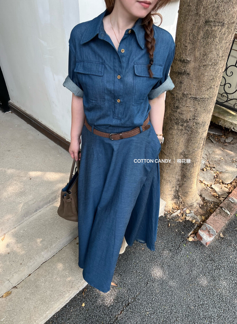 Women's Denim Short Sleeve Lapel Collar Gold Button Belted A-Line Maxi Dress Dual Chest Pockets with Free Braided Belt Dark Blue Light Blue S M Cotton Candy 288563 - Seldom Seen Styles