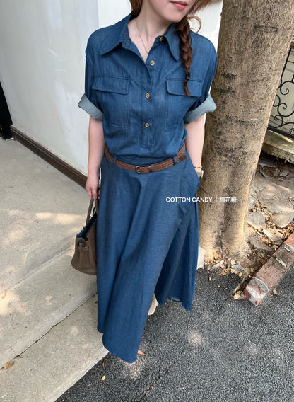 Women's Denim Short Sleeve Lapel Collar Gold Button Belted A-Line Maxi Dress Dual Chest Pockets with Free Braided Belt Dark Blue Light Blue S M Cotton Candy 288563