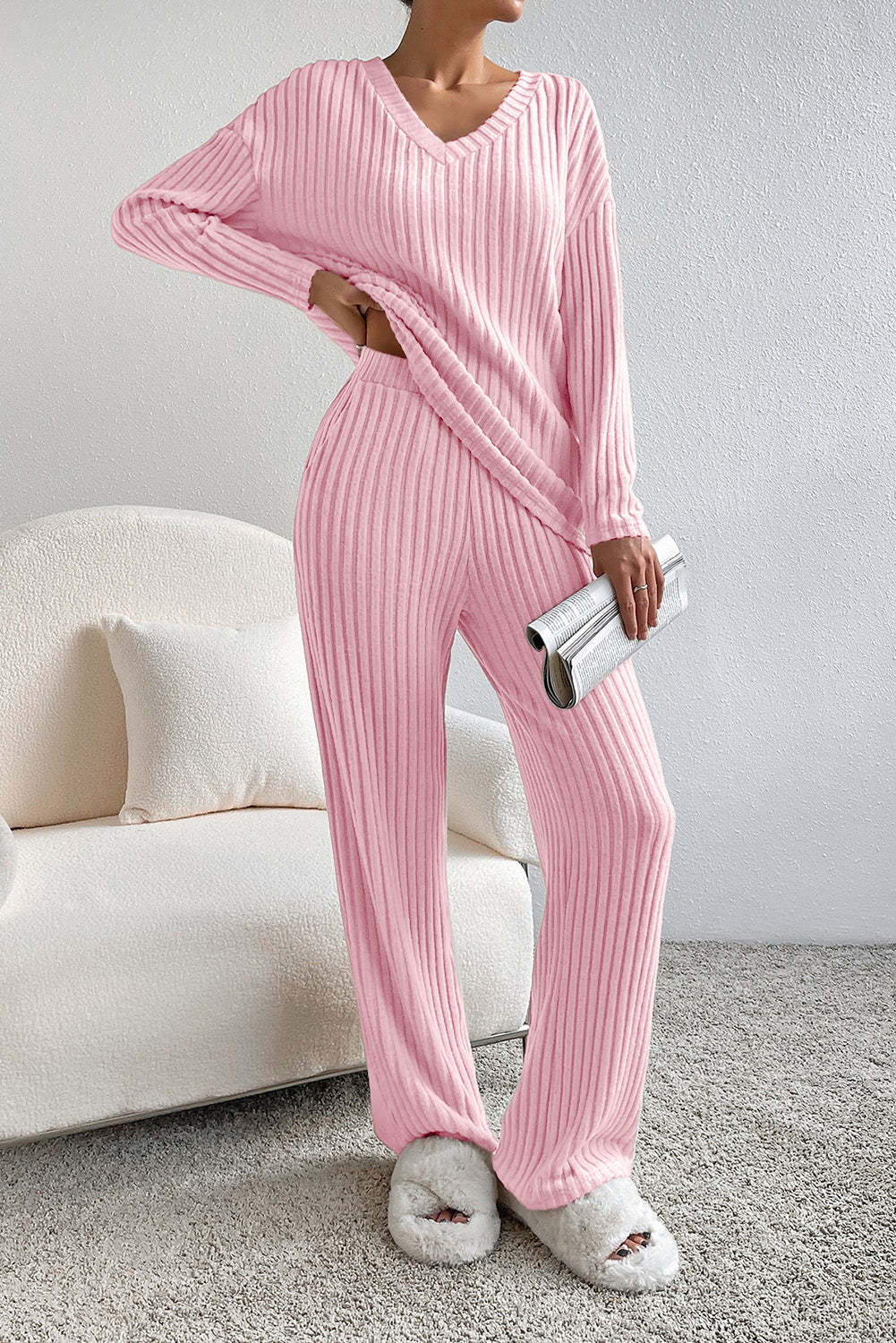 V Collar  Stripe Knitted Suit Two-Piece Set for Women2024Autumn New Fashion Casual Straight-Leg Pants Loose Temperament