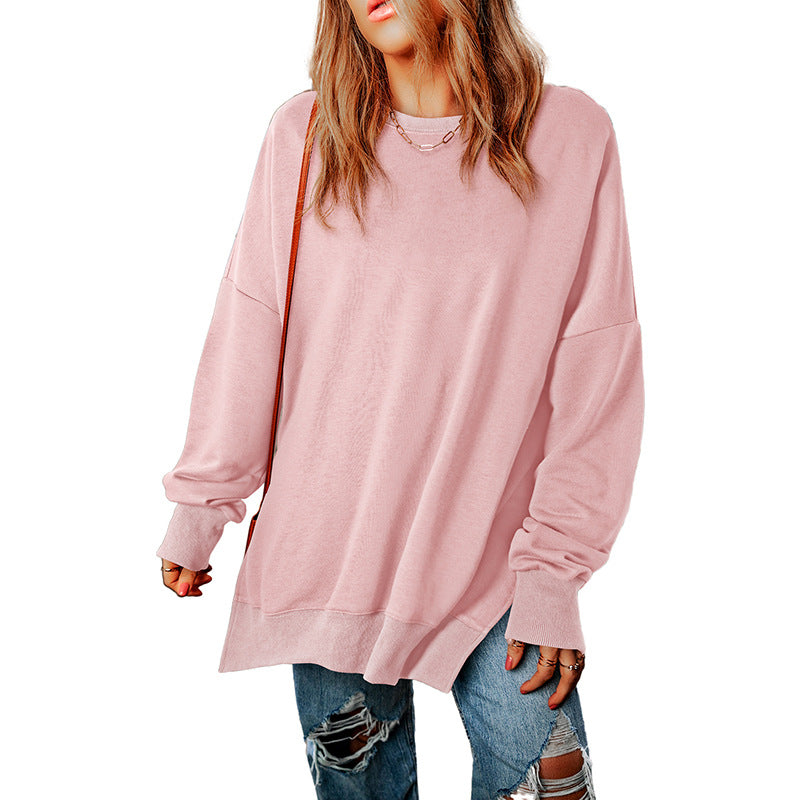 Autumn New Pure Color round-Neck Pullover Women's European and American Leisure Style All-Match Super Long Flab Hiding Long-Sleeved Top for Women