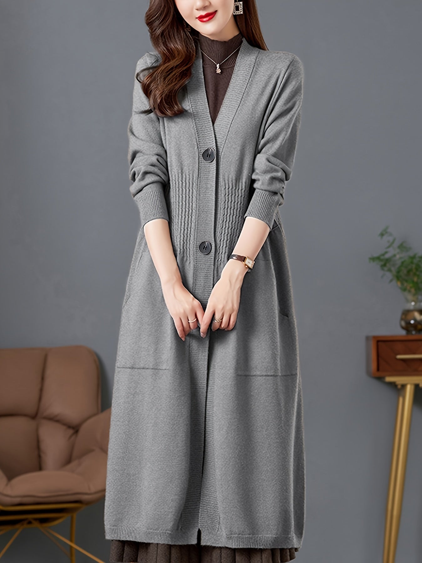 Solid Button Front Duster Cardigan, Casual Long Sleeve Slant Pockets Midi Cardigan For Fall & Winter, Women's Clothing