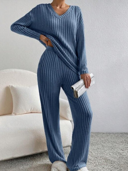 V Collar  Stripe Knitted Suit Two-Piece Set for Women2024Autumn New Fashion Casual Straight-Leg Pants Loose Temperament