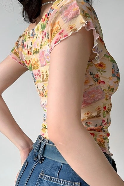 Floral Mesh Slim V Neck Tube Blouse - Seldom Seen Styles
