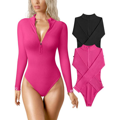Women's 2 Piece Bodysuits Sexy Ribbed One Piece Zip Front Long Sleeve Tops Bodysuits