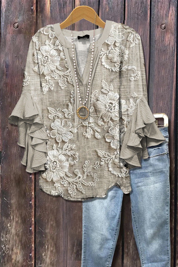 Retro Floral Print Layered Ruffle Sleeve Top Going Outfits Blouses Women Vintage 90s Tops Funny Shirts Women Elegant Classy Tops cute summer outfit - Seldom Seen Styles