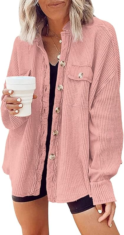 Yanekop Womens Waffle Knit Shacket Oversized Shirt Jacket Button Down Blouse Loose Fit Long Sleeve Tops