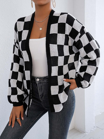 Women's Checkerboard Print Drop Shoulder Cardigan, Casual Long Sleeve Open Front Knitwear for Fall & Winter, Women's Knit Clothing for Daily Wear