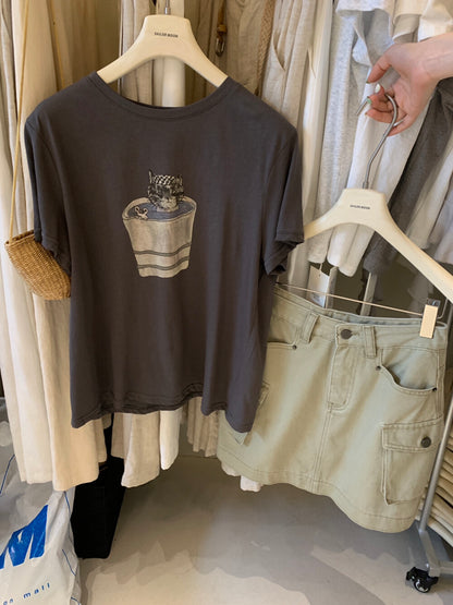 Vintage Katzen-T-Shirt mit Grafik – Süßer Kätzchen-Print, lockere Passform, lässiger Stil im Korea-Look