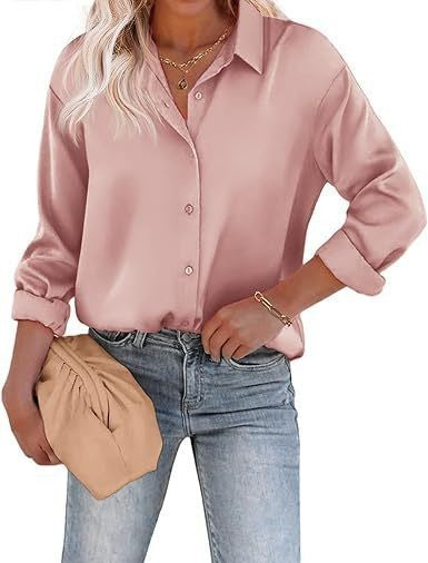 Women's Blouse Satin Shirts Button Down Shirts Casual Loose Long Sleeve Office Work Tunic Tops