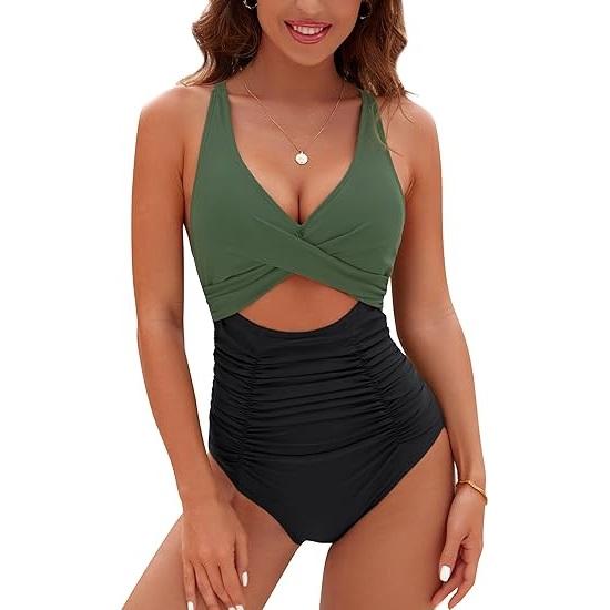 Womens One Piece Swimsuits Push Up Tummy Control Bathing Suits V Neck Cutout Modest Swimwear - Seldom Seen Styles