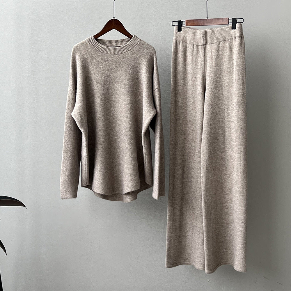 【Plus Size】 Two-Piece Set Solid Mock Neck Drop Shoulder Split Hem Sweater & Straight Leg Pants