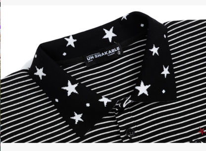 Striped Polo Short Sleeve Tee Star Collar Oversized Streetwear Summer Casual Top
