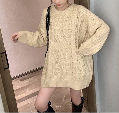 2024Autumn and Winter Korean Style Loose Retro Thick Loose Twist Diamond Pattern Mid-Length Thickened Woolen Skirt Knitwear for Women