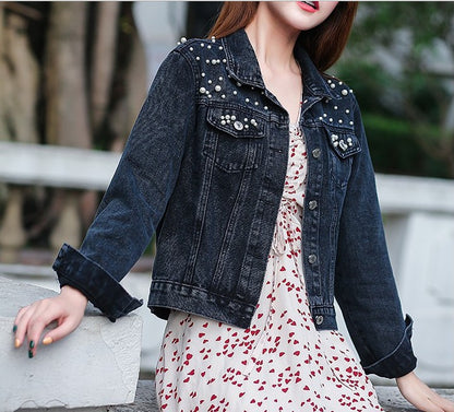 Women's Fashion Loose Embroidered Pearls Beading Cropped Denim Jacket Jean Coat
