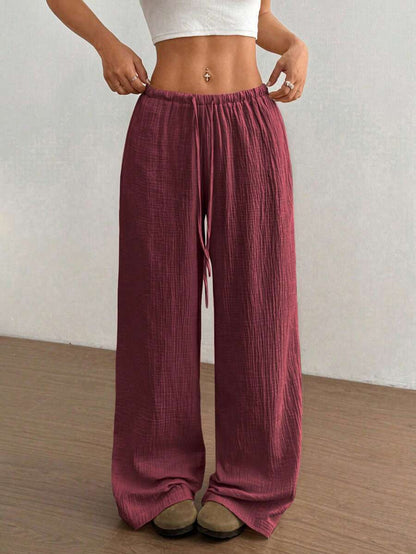 Palazzo-Hose aus Baumwollleinen für Damen, Kordelzug, elastischer Bund, lässige Hose mit weitem Bein und Taschen 