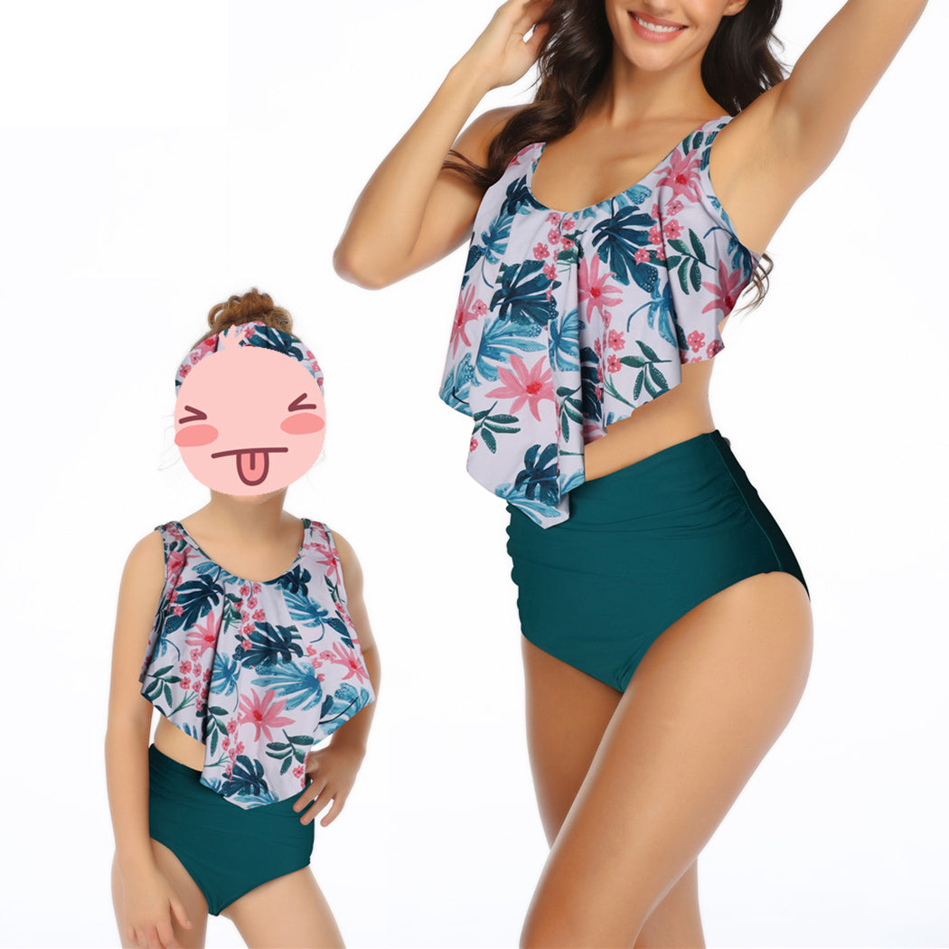 Family Matching Swimwear Mother Daughter Women Kids Girls Floral Green Leaves Printed Bikini Two-Piece Swimwear Suits - Seldom Seen Styles