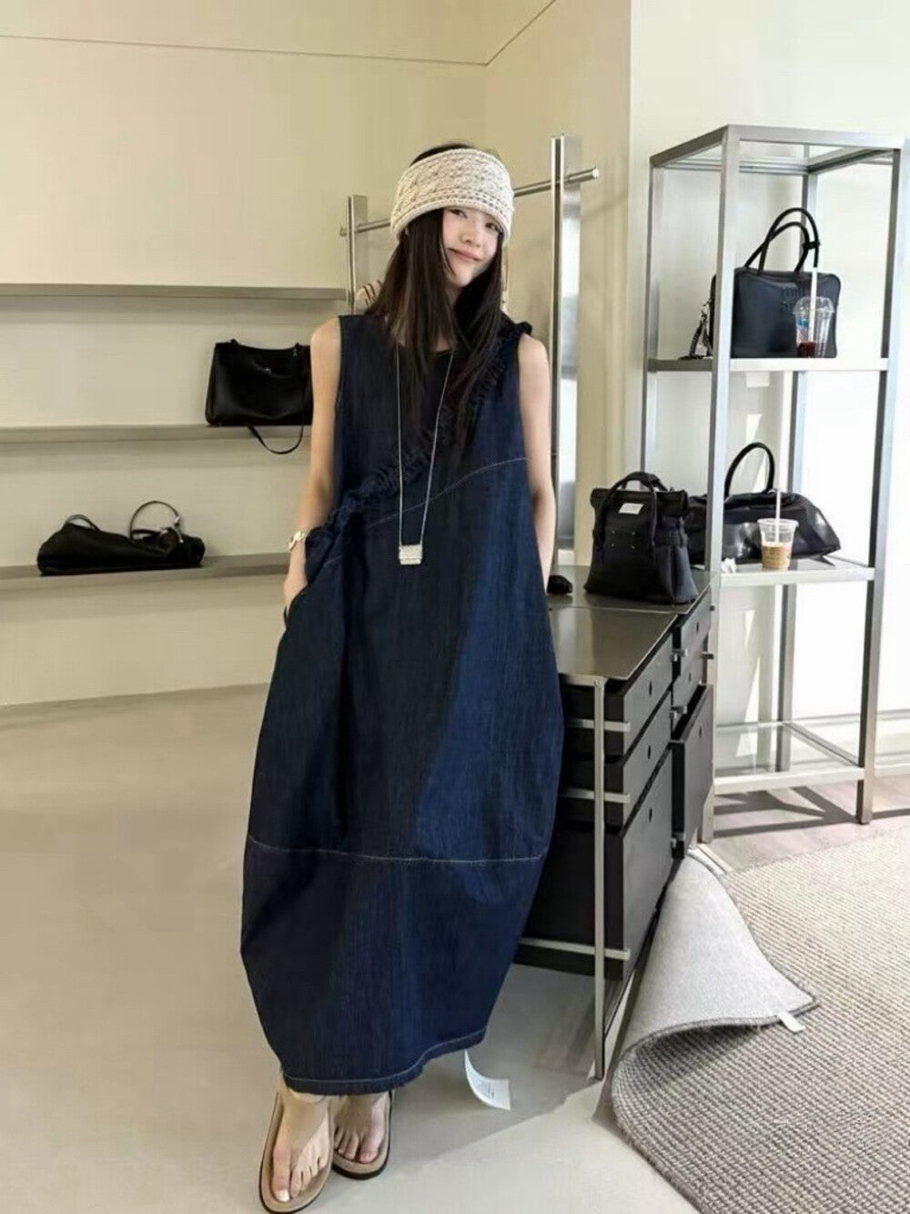 Women's Denim Sleeveless Diagonal Ruffle Trim A-Line Maxi Dress Drawstring Detail Light Blue Dark Navy One Size NNY with Free Bag - Seldom Seen Styles