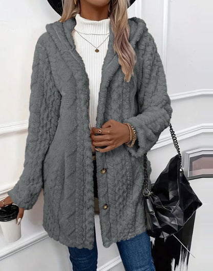 Autumn and Winter Warm Fashion Jacquard Plush Hooded Cardigan Coat