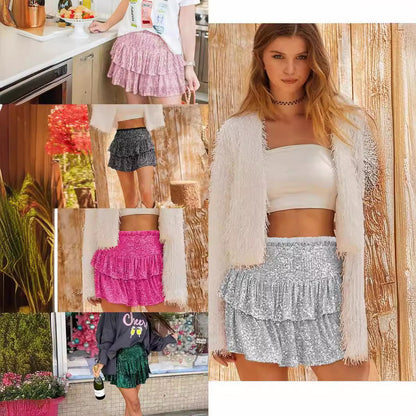 Minirock für Damen, Sommer, glitzernd, Pailletten, geschichteter Rüschenrock, hohe Taille, gestufter Rock, glänzender Party-Club-Kurzrock