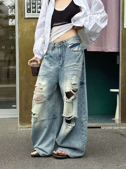 Women's Distressed Ripped Wide Leg Jeans High Waist Baggy Denim Pants Streetwear Y2K Casual Summer Outfit