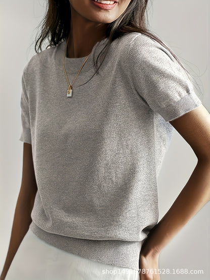 Women's Solid Color Crew Neck Short Sleeve Sweater, Chic Casual Basic Knit Pullover for Spring & Fall, Fashion Women's Knitwear for Daily Wear, Womenswear