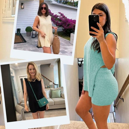 Women's 2 Piece Outfits Summer Knit Sweater Set Sleeveless Tunic Top Matching Shorts Trendy Beach Vacation Sets Loungesetwomen Suits Clothes Womenswear  Basic Beige