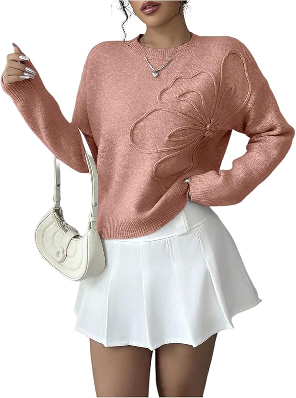Women's 3D Floral Appliques Crewneck Sweaters Long Sleeve Drop Shoulder Pullovers Elegant Knit Tops - Seldom Seen Styles