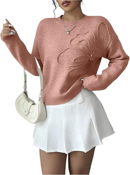 Women's 3D Floral Appliques Crewneck Sweaters Long Sleeve Drop Shoulder Pullovers Elegant Knit Tops
