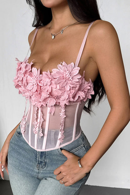 Women's Pink Floral Lace Mesh Bustier Cami Top Sexy Spaghetti Strap Slim Fit Sleeveless Summer Going Out Party Date Night Top