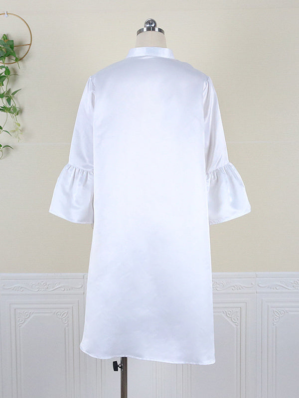 Urban Buttoned Solid Color Stand Collar Flared Sleeve Loose Midi Dress - Seldom Seen Styles