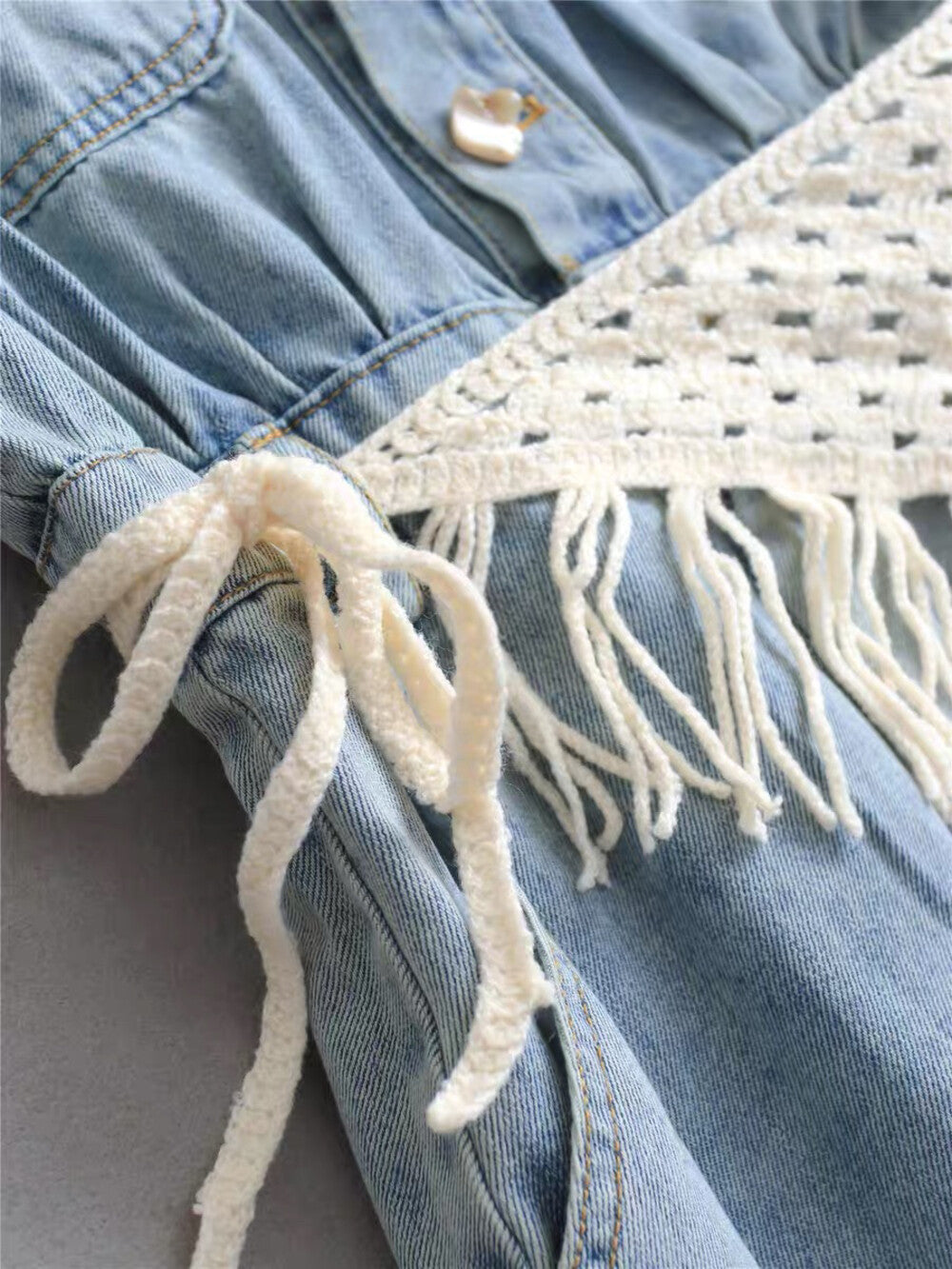 Women's Light Blue Washed Denim Sleeveless Lapel Collar Pearl Button Maxi Dress Lace Floral Chest Pockets Elastic Waist with Free Woven Tassel Waist Accessory S M L XL - Seldom Seen Styles