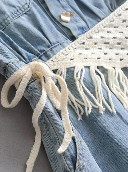 Women's Light Blue Washed Denim Sleeveless Lapel Collar Pearl Button Maxi Dress Lace Floral Chest Pockets Elastic Waist with Free Woven Tassel Waist Accessory S M L XL