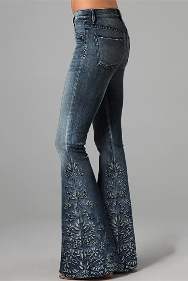 Unique Printed High-waisted Pocket Casual Flared Jeans - Seldom Seen Styles