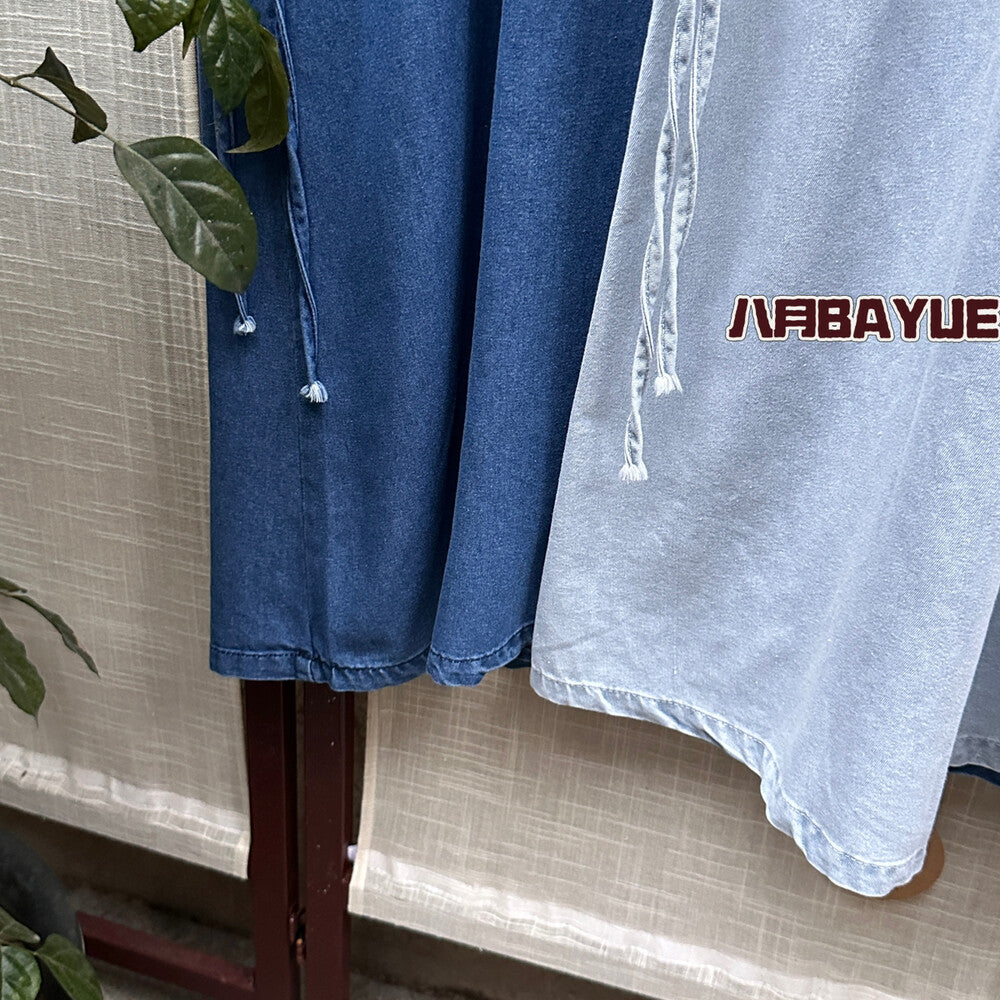 Women's Denim Sleeveless Drawstring Waist Midi Dress with Pockets Light Blue Dark Blue Casual Jean Dress - Seldom Seen Styles