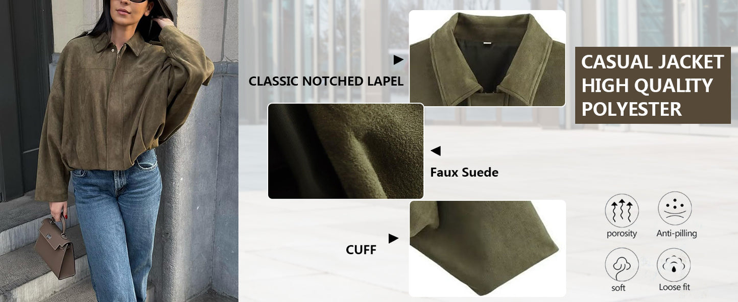Women's Faux Suede Bomber Jacket Spring Lapel Pilot Coat Casual Oversized Long Sleeves Trendy Streetwear Outerwear - Seldom Seen Styles
