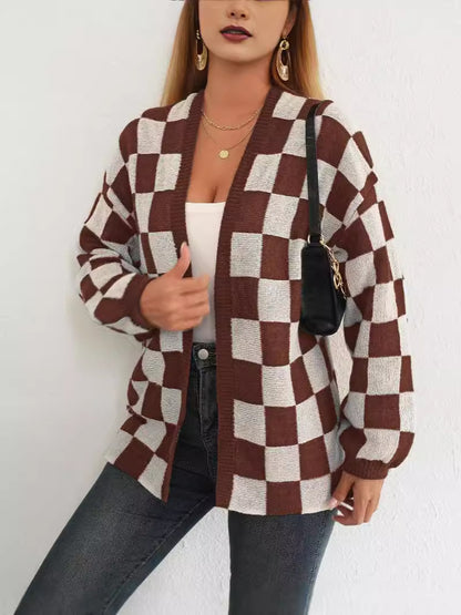 Women's Checkerboard Print Drop Shoulder Cardigan, Casual Long Sleeve Open Front Knitwear for Fall & Winter, Women's Knit Clothing for Daily Wear